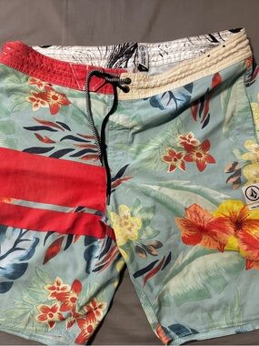 Volcom Men's Floral Swim Trunks in Light Blue, Red, Yellow